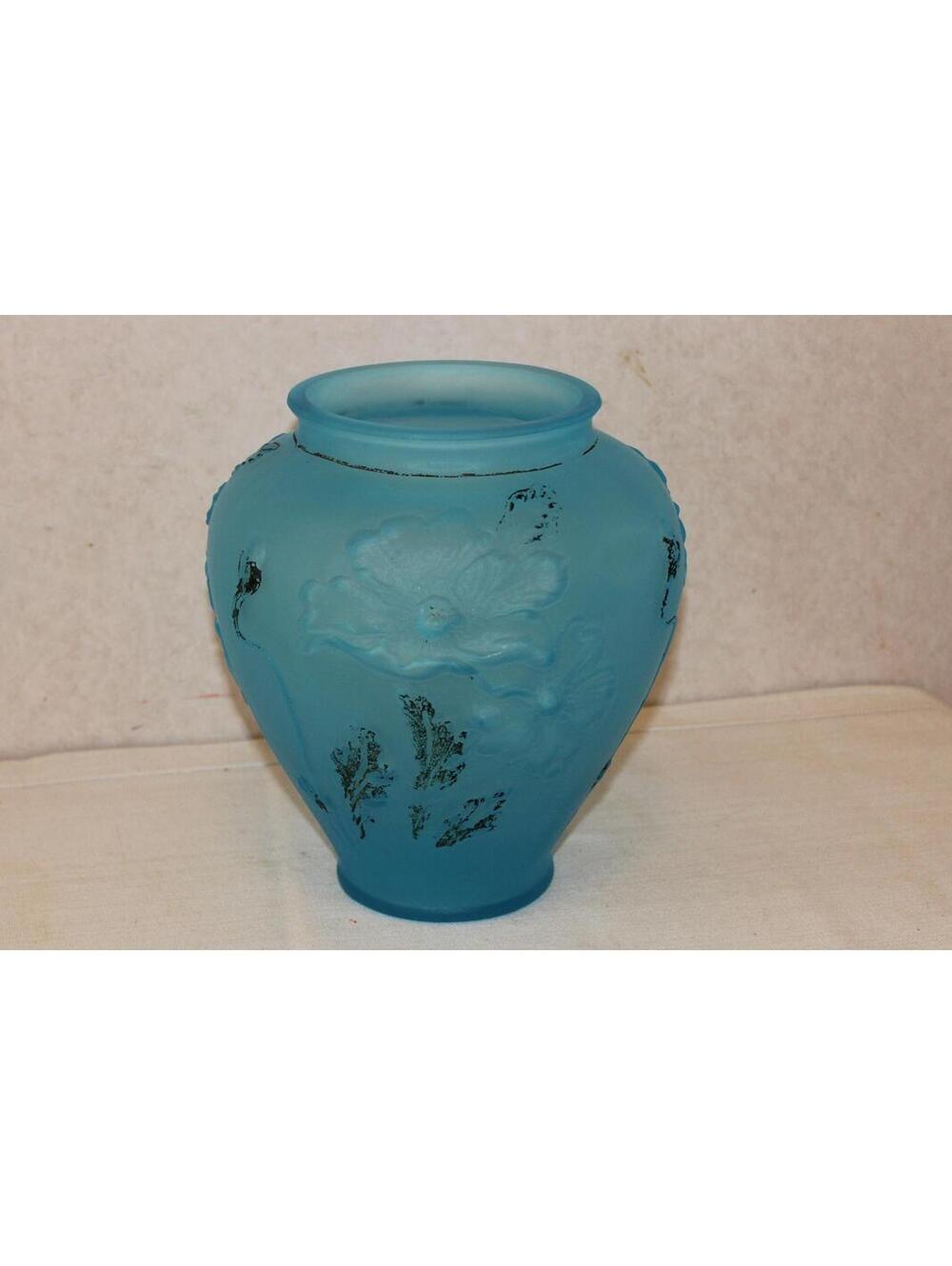 Antique 1920s Tiffin Blue Satin Glass Poppy Vase Hand Painted